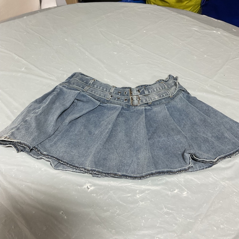 Light Blue Denim Pleated Mini Skirt